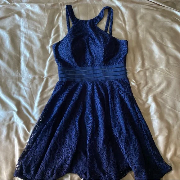 City Studios Fit & Flare Navy Blue Lace Eyelet Semi-Formal Mini Dress Size 9 D10 - Picture 2 of 10